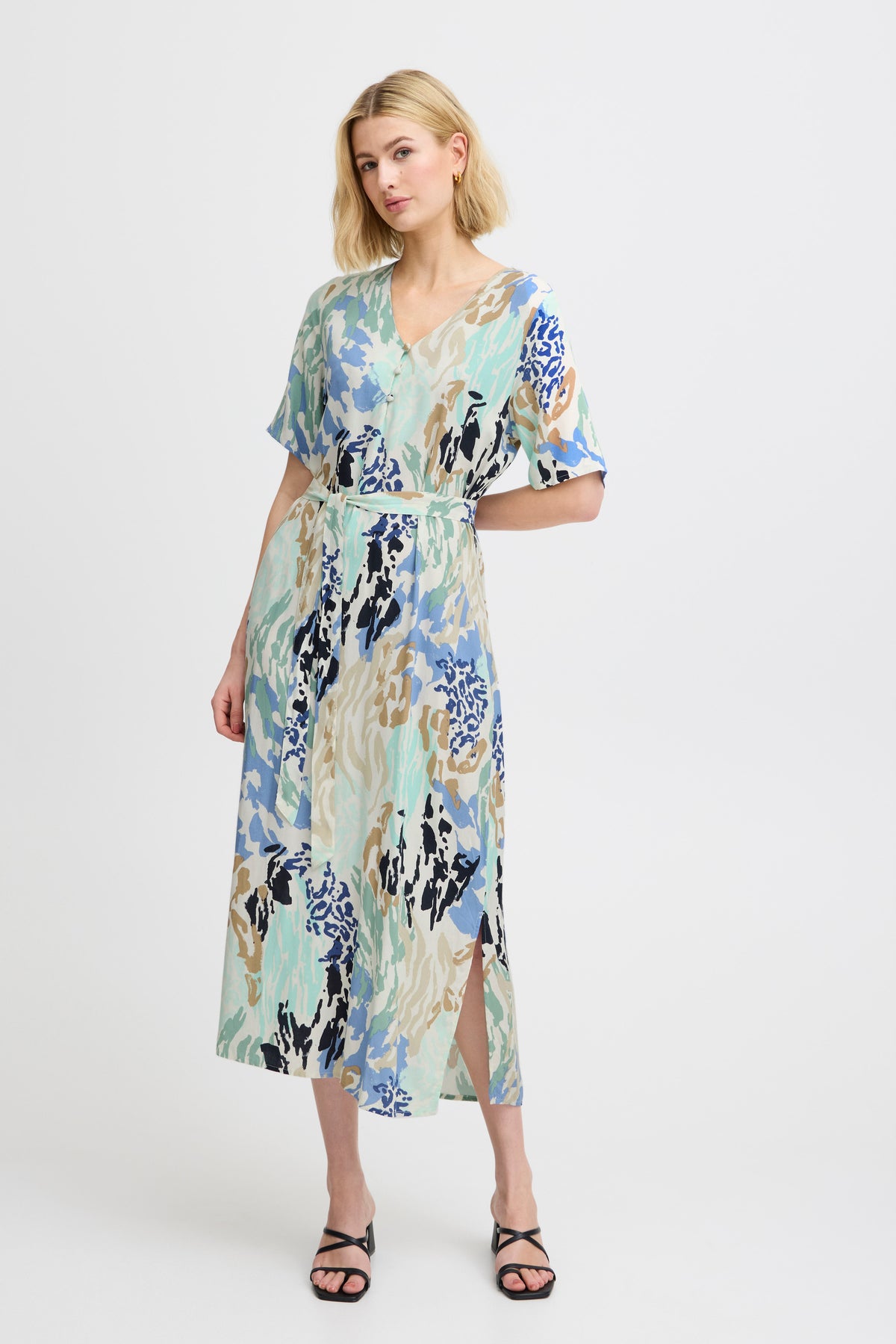 Fransa FrRelax Brook Green Printed V-Neck Midi Dress, 20613660