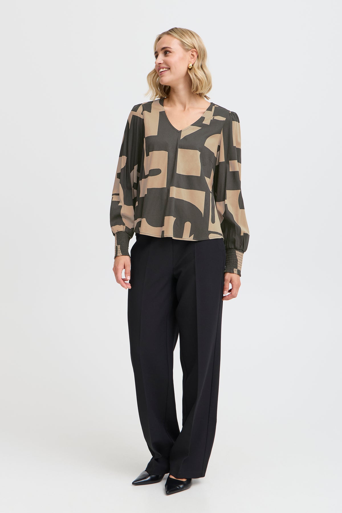 Fransa FrNatali Walnut Abstract Printed V-Neck Blouse, 20614110