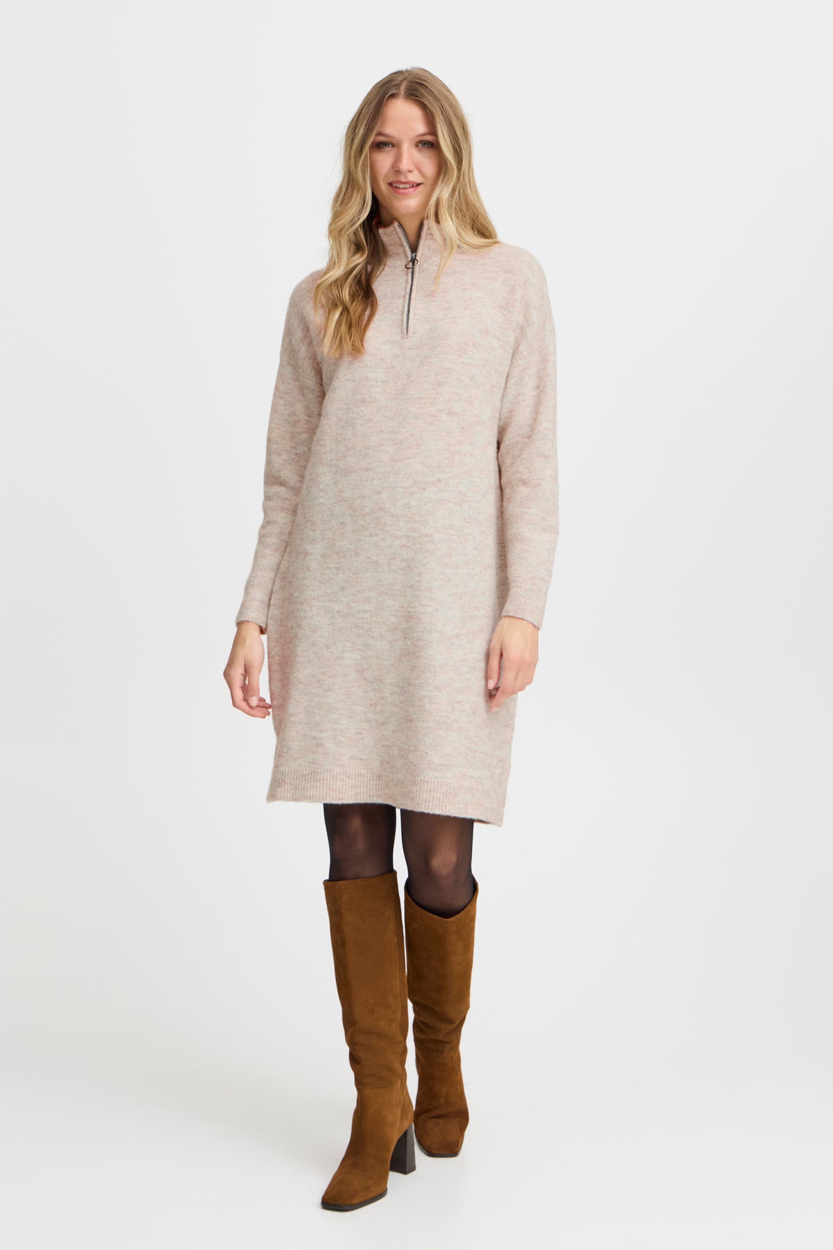 Fransa Frsanny Limestone Melange Knitted Half Zip Jumper Dress, 20614681