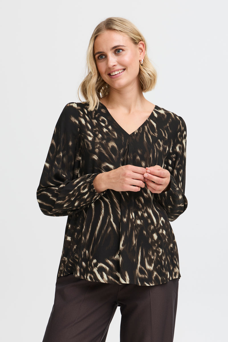 Fransa FrGlowy Black Abstract Printed V-Neck Blouse, 20614867