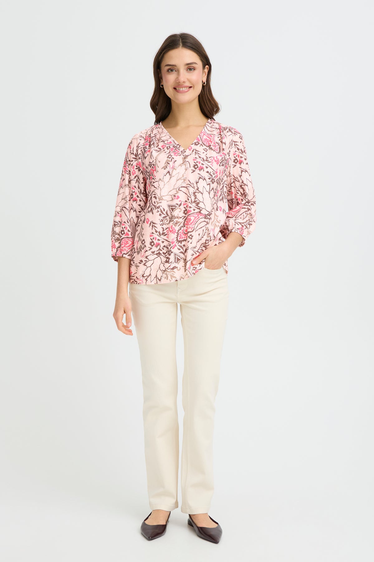 Fransa FrAriana Lotus Pink Floral Print V-Neck Blouse, 20615424