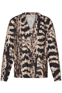 Fransa FRSeen Abstract Driftwood Taupe Leopard V-Neck Jersey Top, 20618221