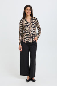 Fransa FRSeen Abstract Driftwood Taupe Leopard V-Neck Jersey Top, 20618221