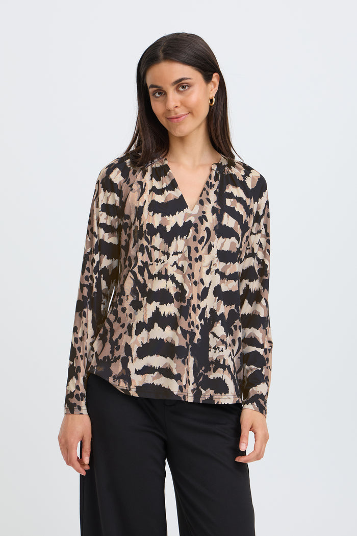 Fransa FRSeen Abstract Driftwood Taupe Leopard V-Neck Jersey Top, 20618221