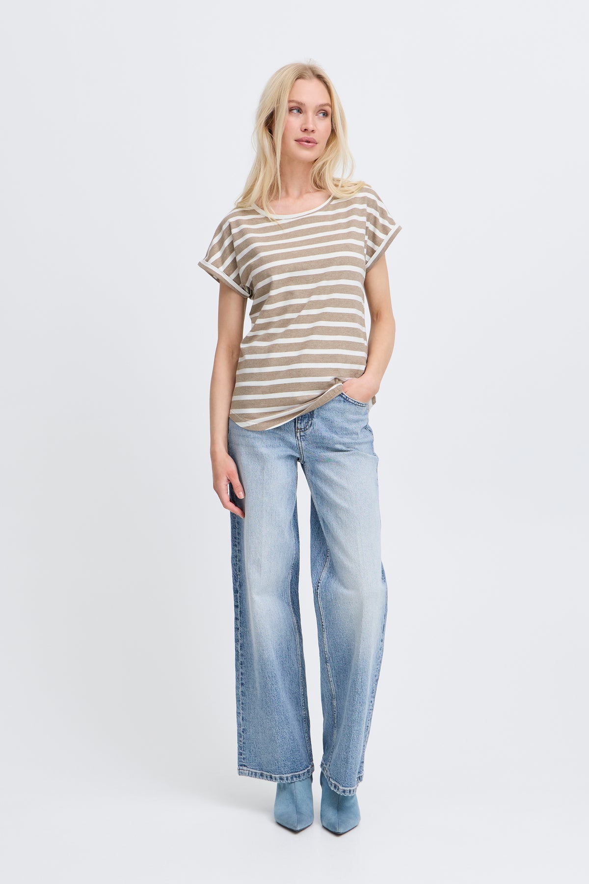 B.Young ByPamila Chinchilla Beige Melange Stripe T-Shirt, 20809561