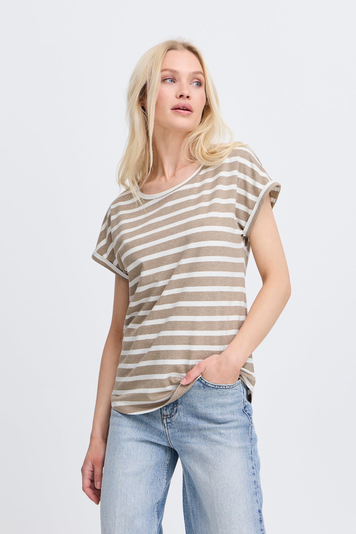 B.Young ByPamila Chinchilla Beige Melange Stripe T-Shirt, 20809561