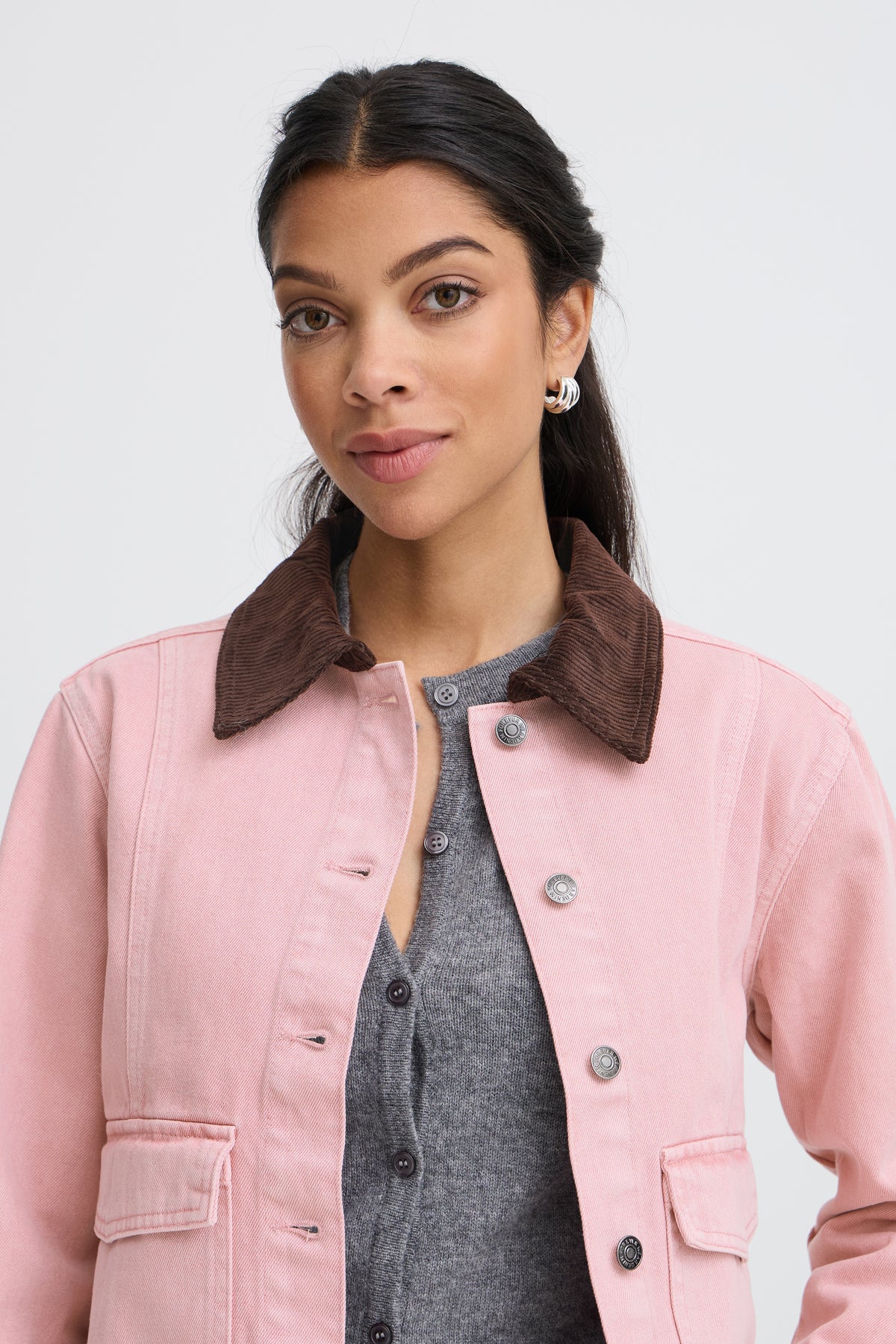 B.Young ByKadi Pink Polignac Denim Jacket with Burgundy Cord Collar, 20819536