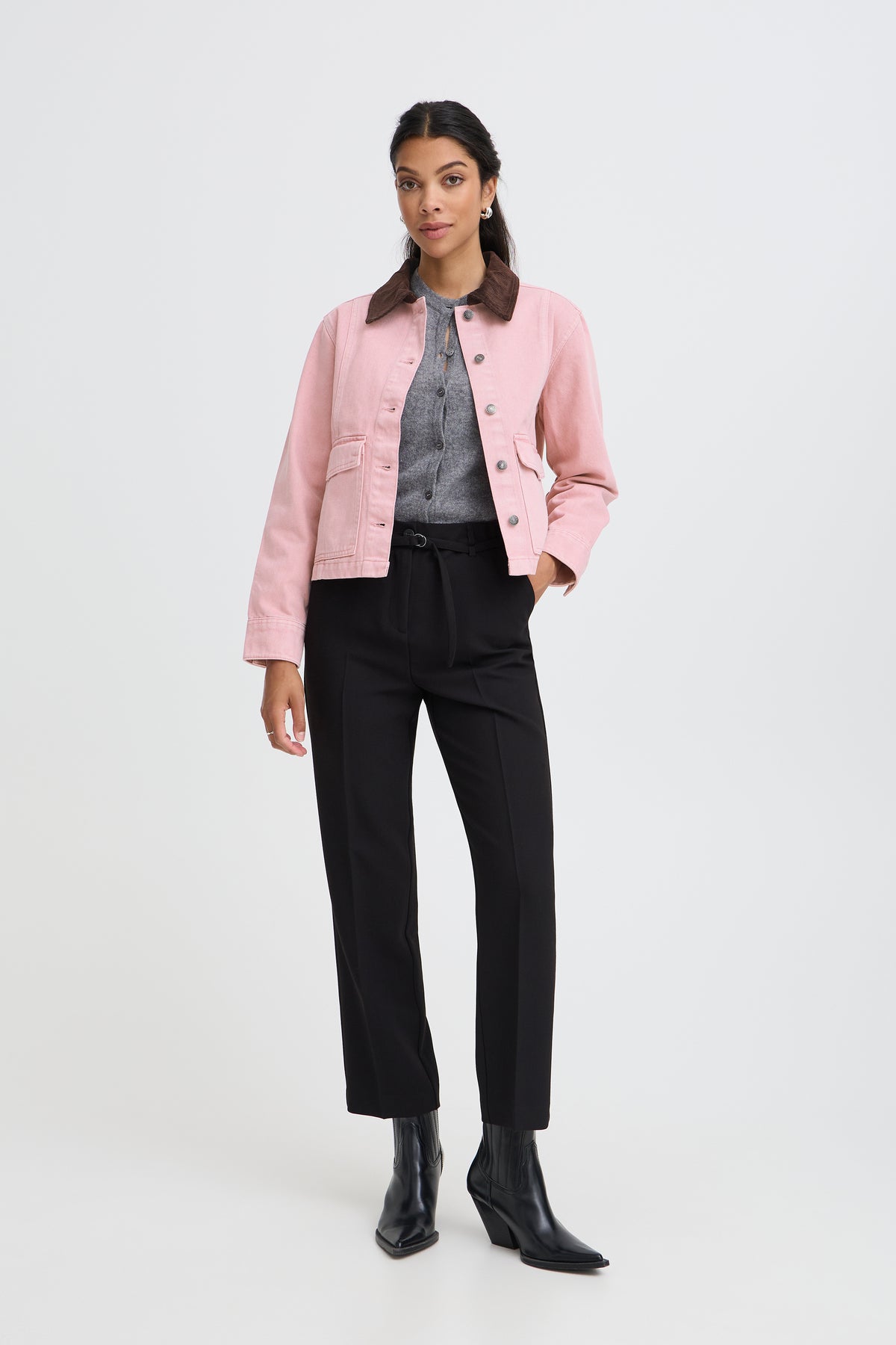 B.Young ByKadi Pink Polignac Denim Jacket with Burgundy Cord Collar, 20819536