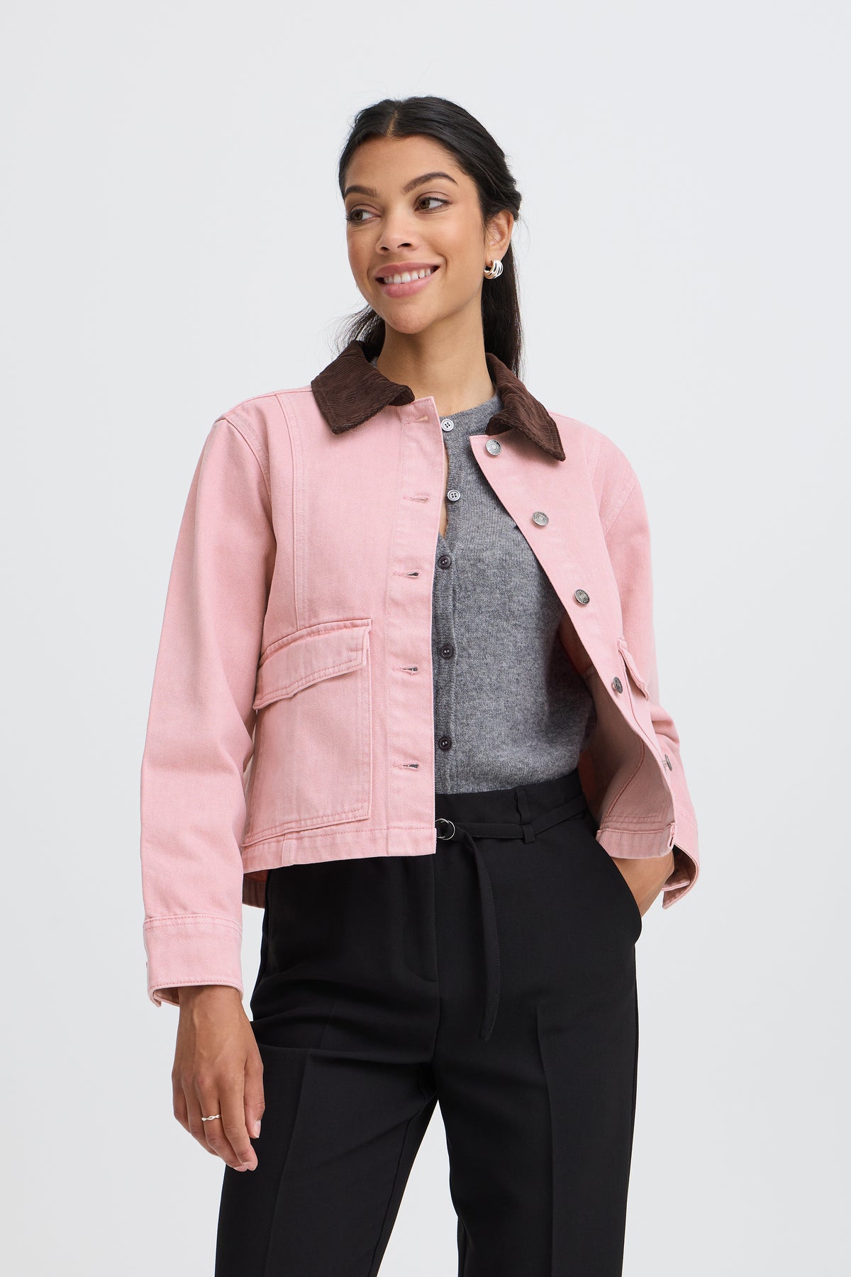 B.Young ByKadi Pink Polignac Denim Jacket with Burgundy Cord Collar, 20819536