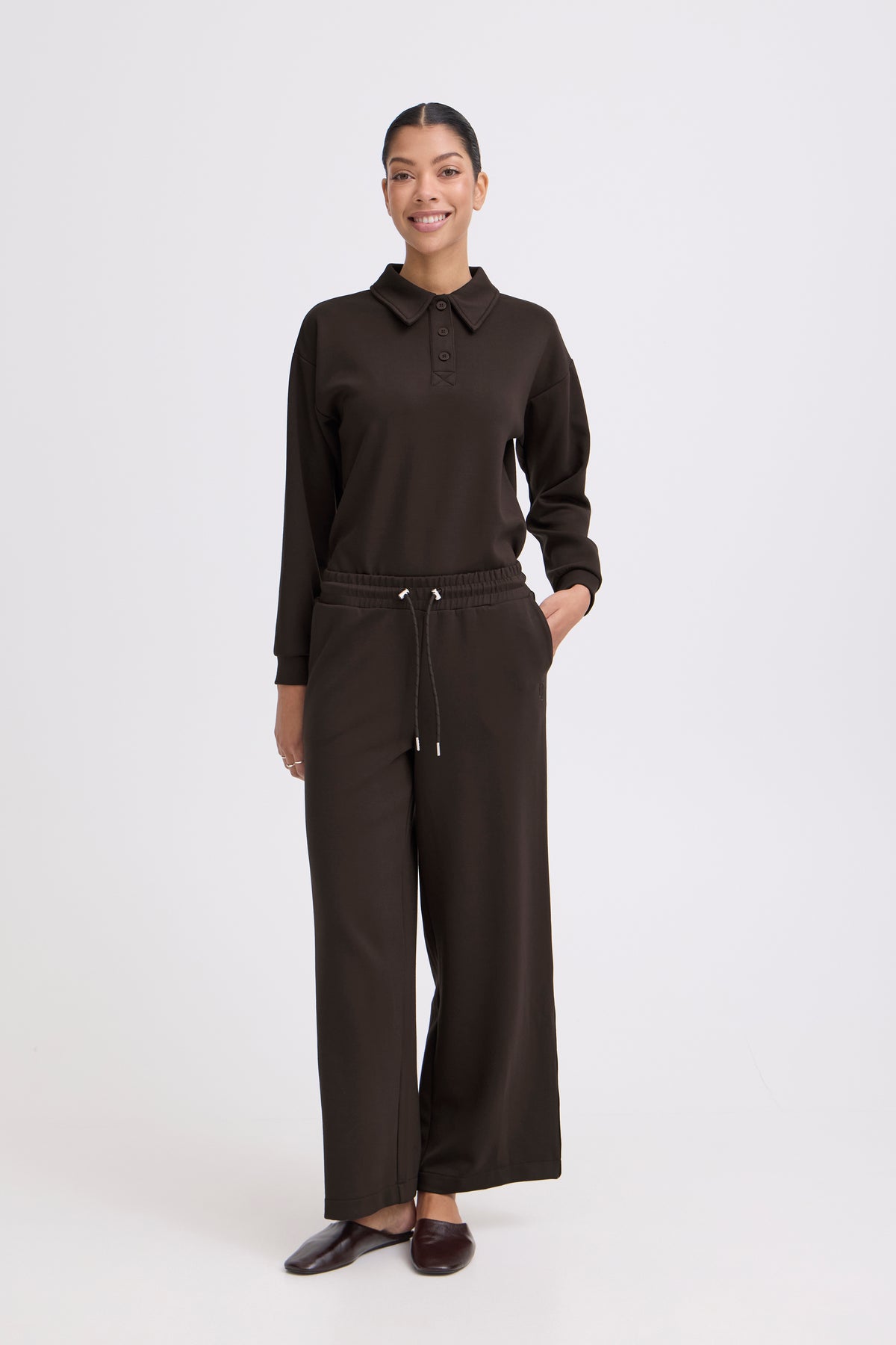 B.Young ByPusti Fudge Burgundy Modal Wide Leg Joggers with Piping Trim, 20819667