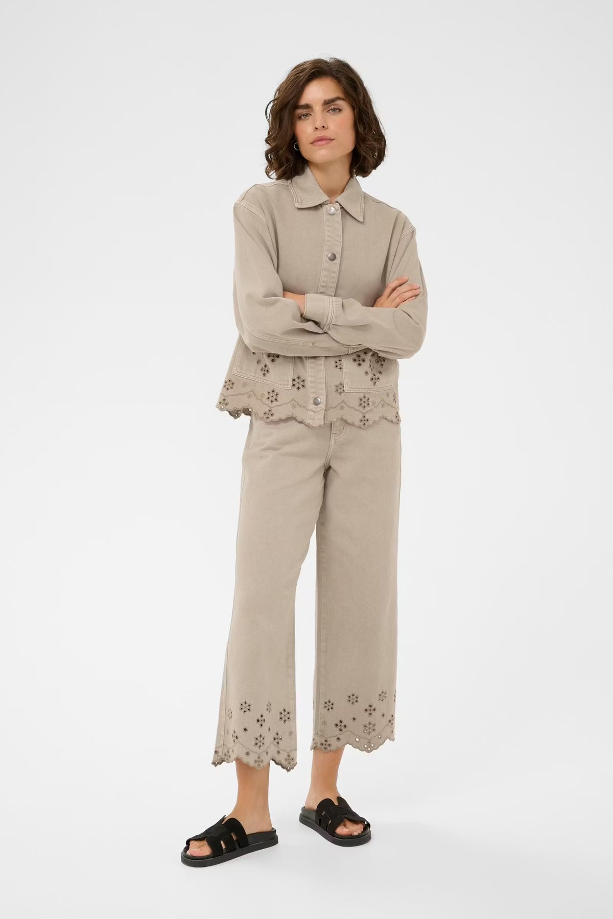 KAFFE Kamimi Feather Beige Broderie Anglaise Cropped Wide Leg Jeans