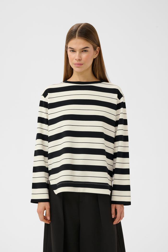 InWear Gincent Whisper White/Black Stripe Modal Supersoft Dipped Hem Sweatshirt, 30108654