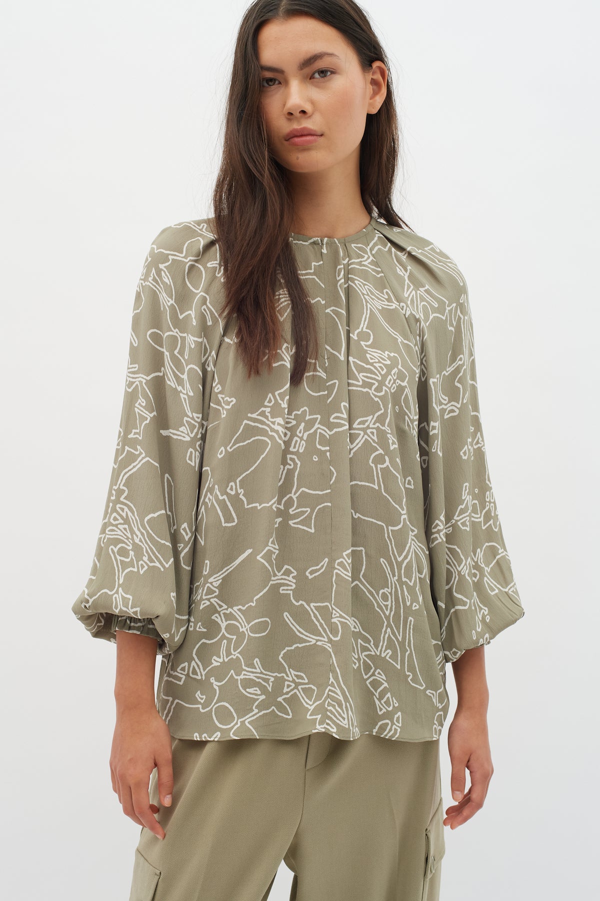 InWear Baiti Pinetree Silhouette Lines Printed Key Hole Neck Blouse, 30109420