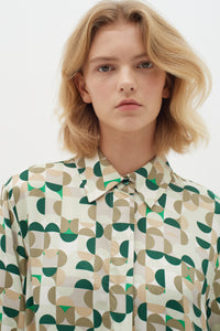 InWear Beril Green Geometric Printed Oversized Longline Shirt