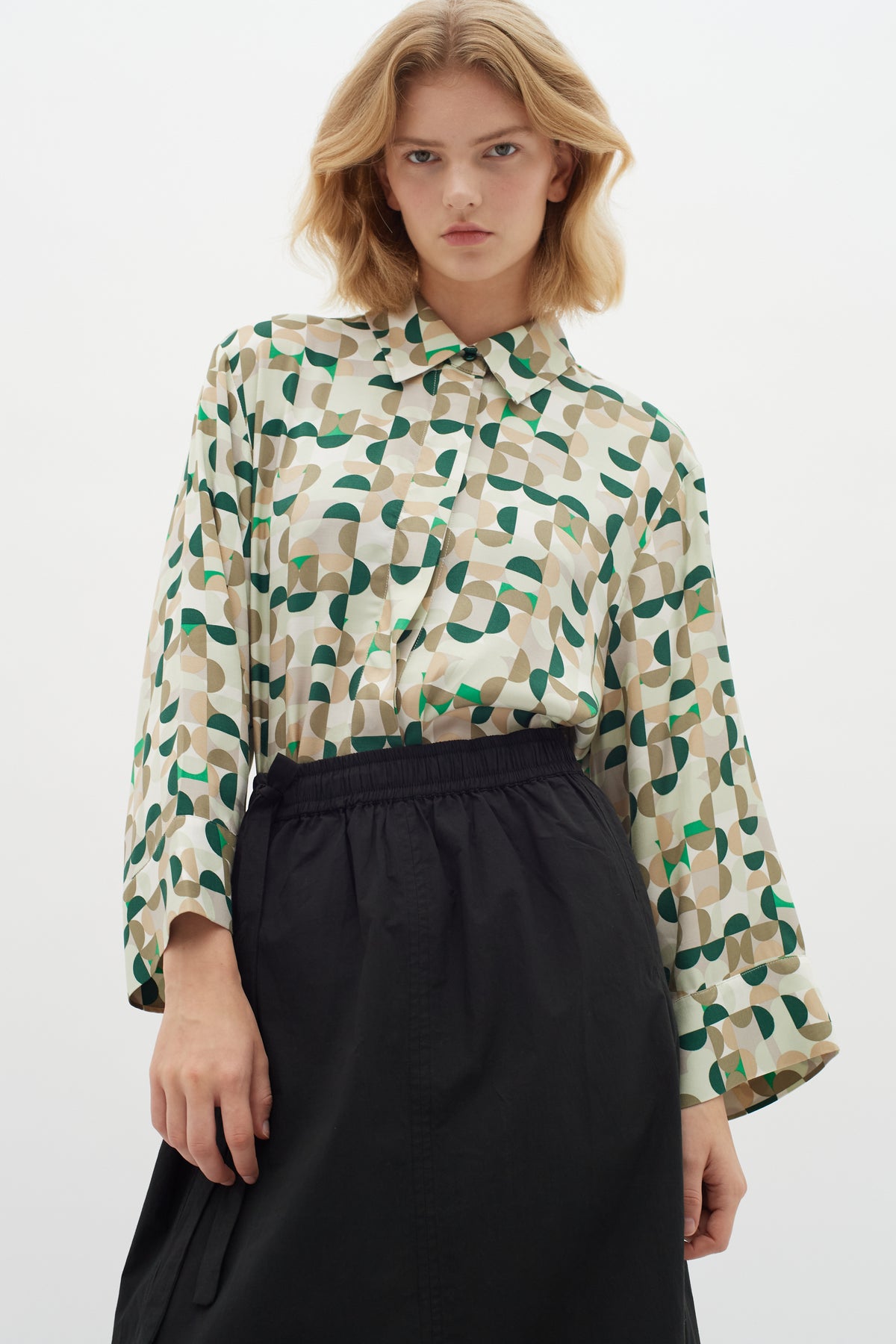 InWear Beril Green Geometric Printed Oversized Longline Shirt