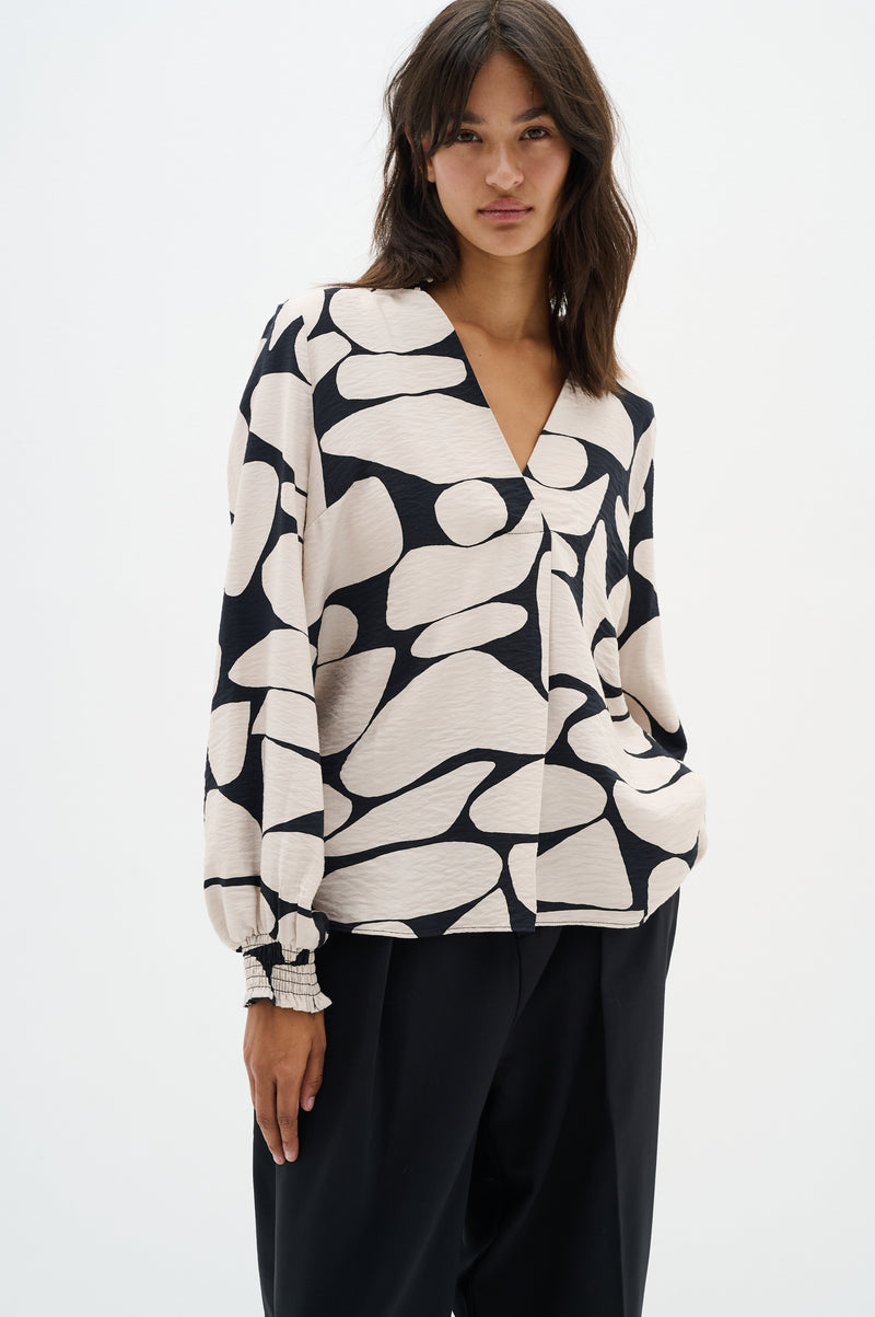 InWear Metta Stone/Black Abstract V-Neck Blouse, 30109668