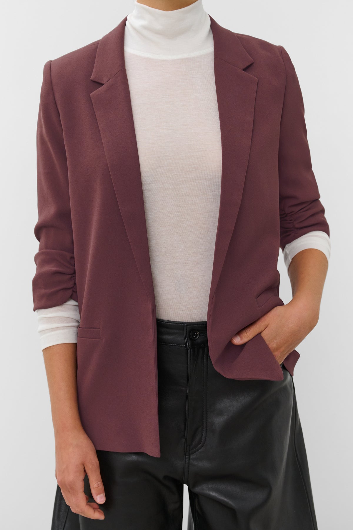 Soaked in Luxury Shirley Huckleberry Ruched Sleeve Blazer, 30403608