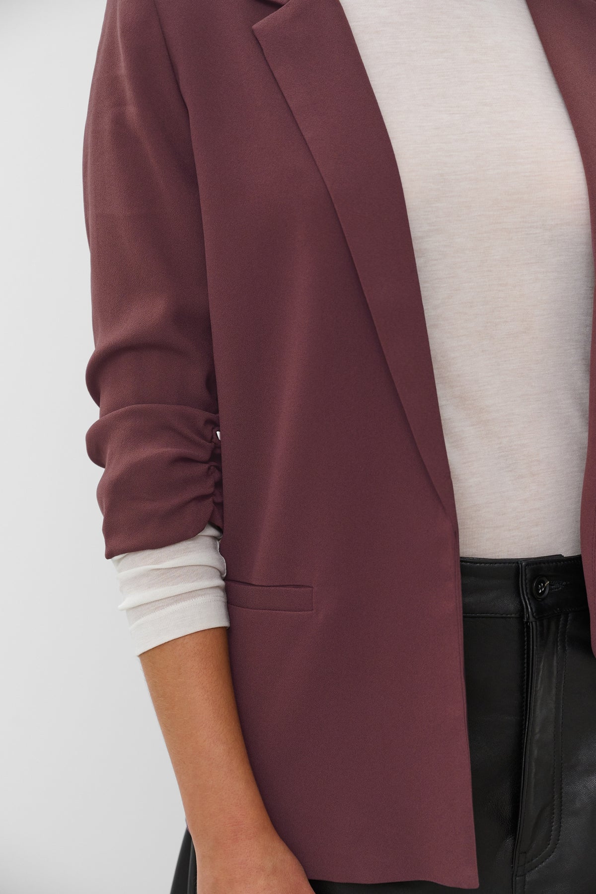 Soaked in Luxury Shirley Huckleberry Ruched Sleeve Blazer, 30403608