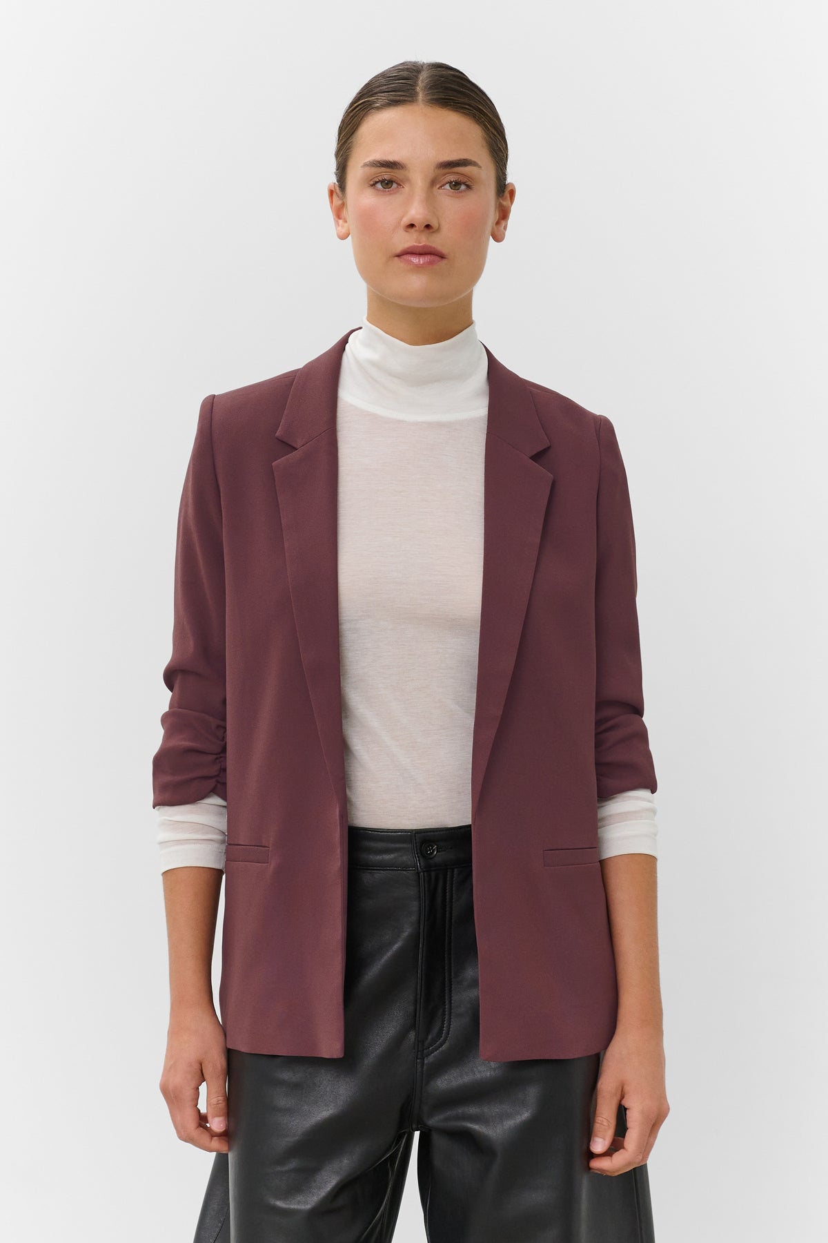 Soaked in Luxury Shirley Huckleberry Ruched Sleeve Blazer, 30403608