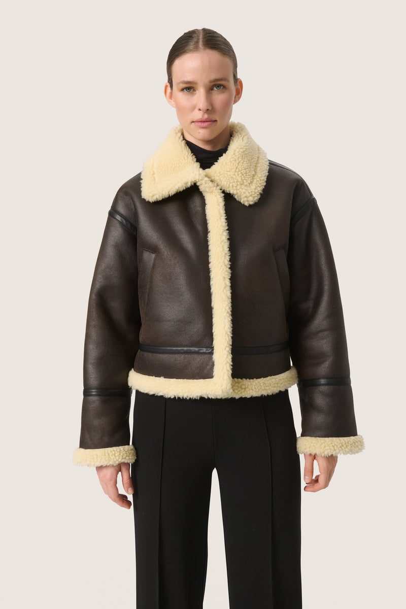 Soaked in Luxury Elora Faux Leather Jacket with Faux Shearling Trim, 30407494