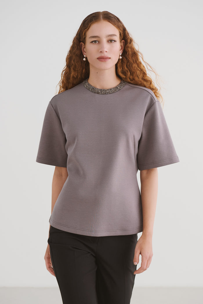 Soaked in Luxury SLMagana Gull Grey Embellished Neck Fitted T-Shirt