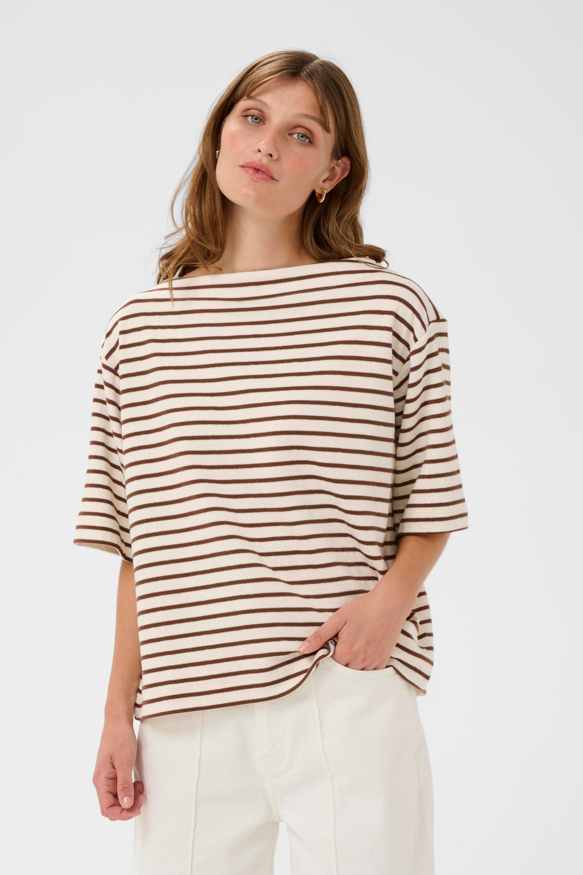 Soaked In Luxury Ingina White/Cappucino Striped Boat Neck Sweatshirt T-Shirt