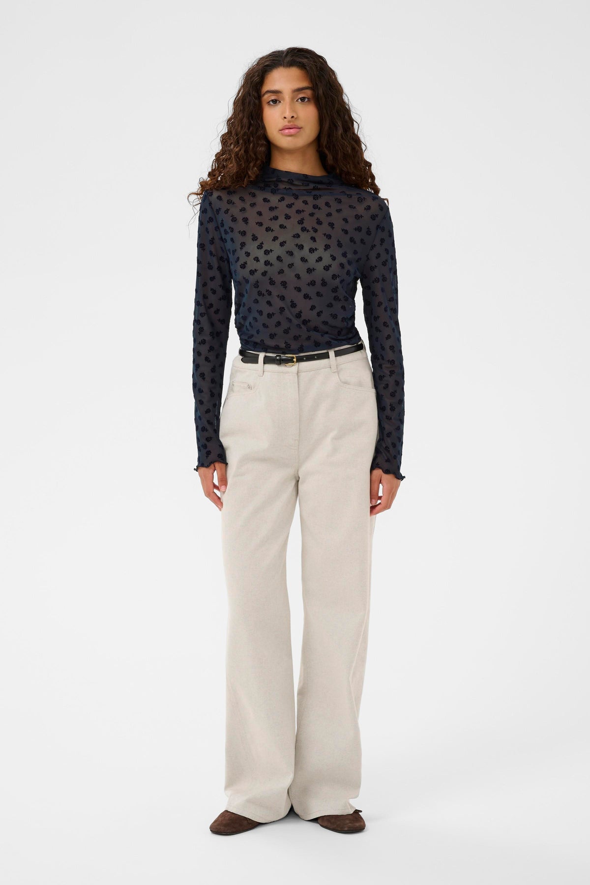 Soaked in Luxury SLSeren Salute Navy Mesh Embroidered Floral Long Sleeve Top, 30408884
