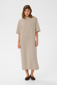 Soaked in Luxury Ingina White/Cappucino Striped Midi T-Shirt Dress
