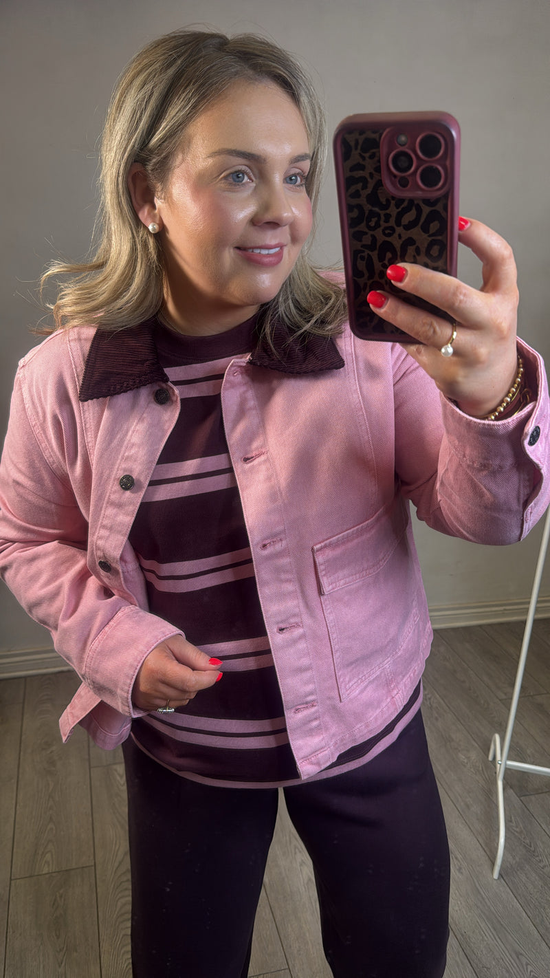 B.Young ByKadi Pink Polignac Denim Jacket with Burgundy Cord Collar