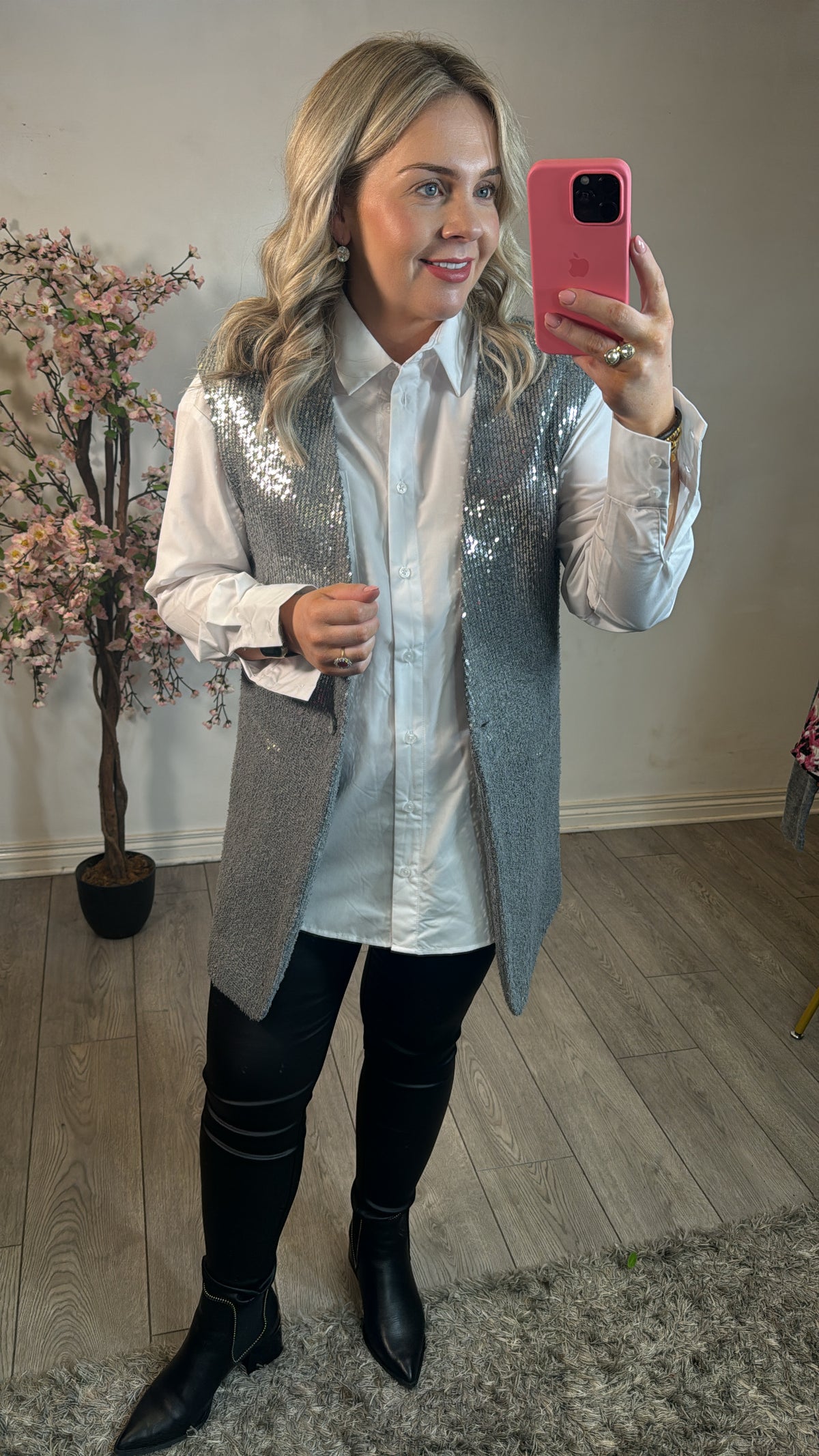 Access Fashion Silver Grey Boucle Knitted Sequin Waistcoat, 44-1055