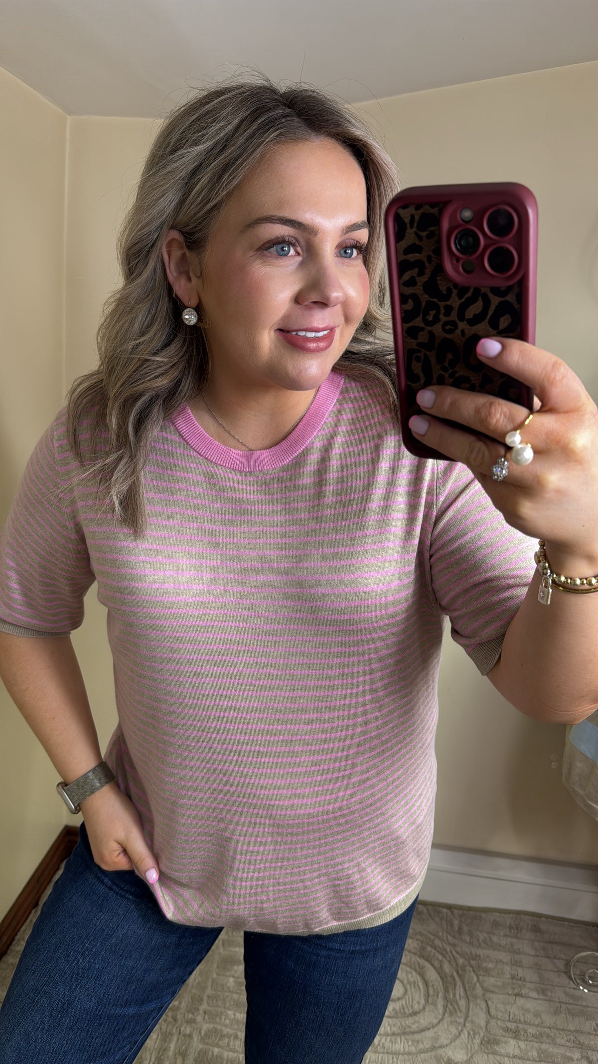 Kaffe Kalizza Feather Beige /Candy Striped Knit with Candy Pink Trim