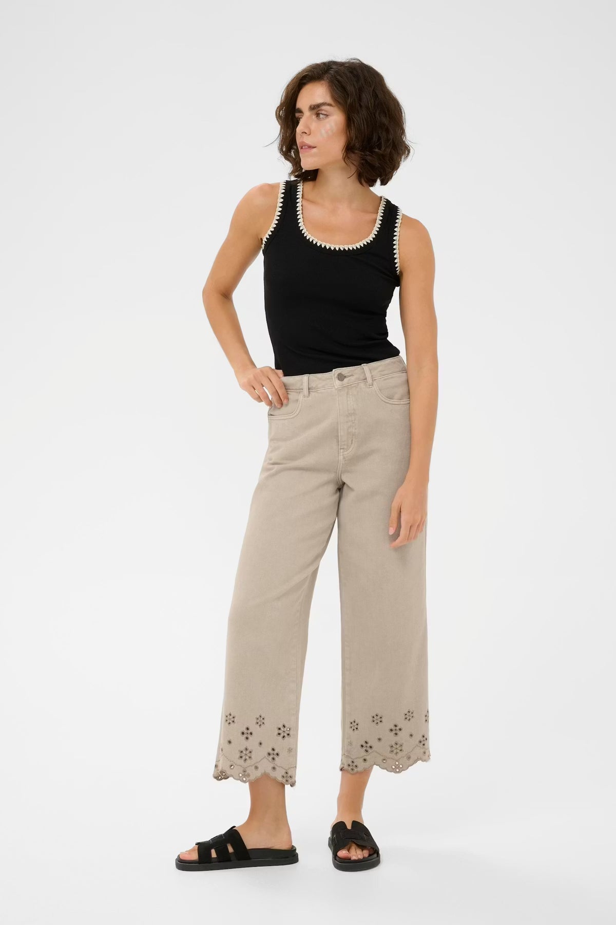 KAFFE Kamimi Feather Beige Broderie Anglaise Cropped Wide Leg Jeans