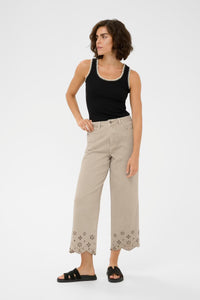 KAFFE Kamimi Feather Beige Broderie Anglaise Cropped Wide Leg Jeans
