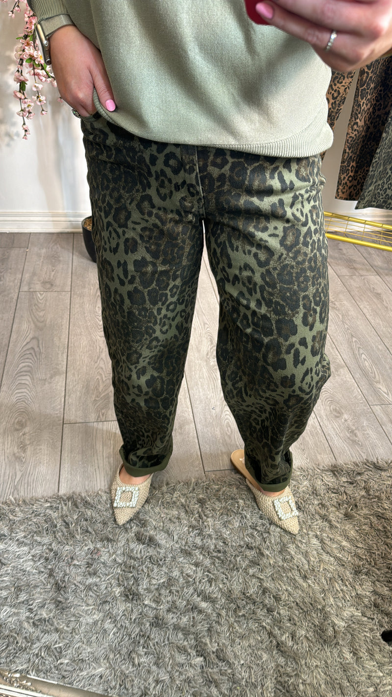 Toxik Highwaisted Wide Leg Khaki Leopard Jeans, H2470