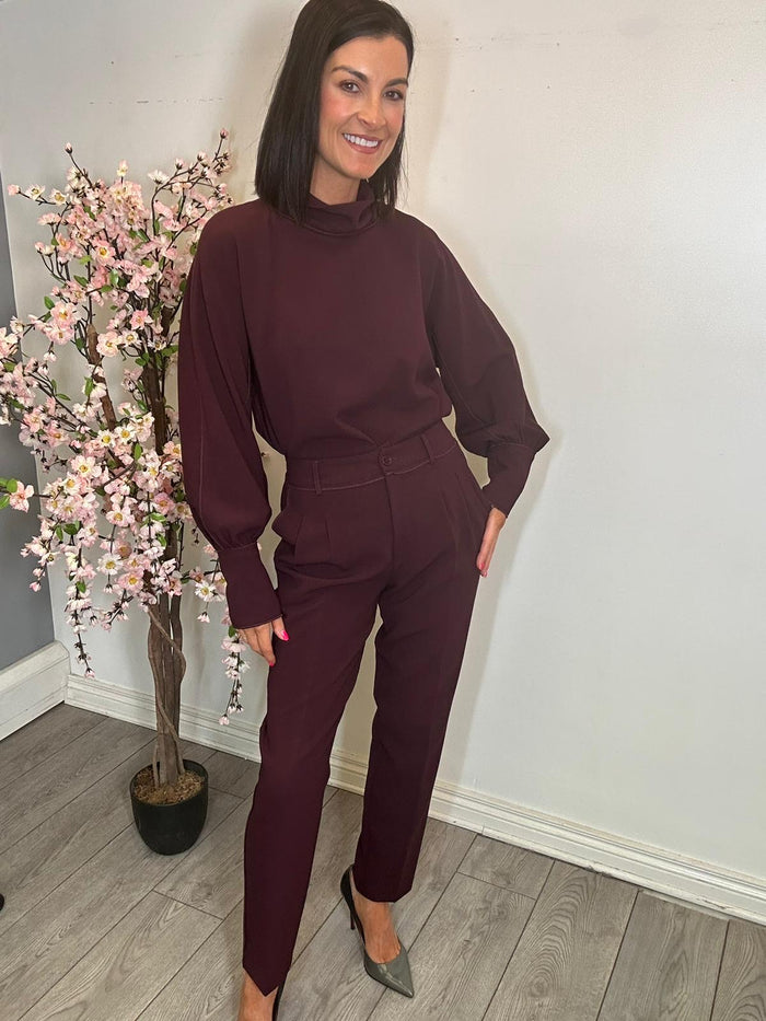 Access Fashion Burgundy Plum High Neck Blouse with Slit Detailing