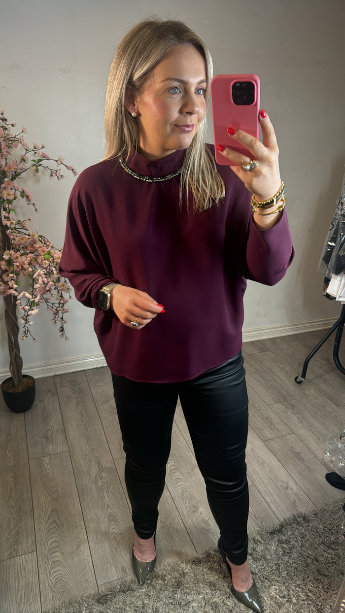 Access Fashion Plum High Neck Embellished Top, 44-2134