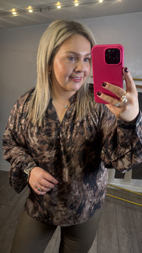 Kaffe Kajamie Chocolate Brown Abstract Print V-Neck Blouse