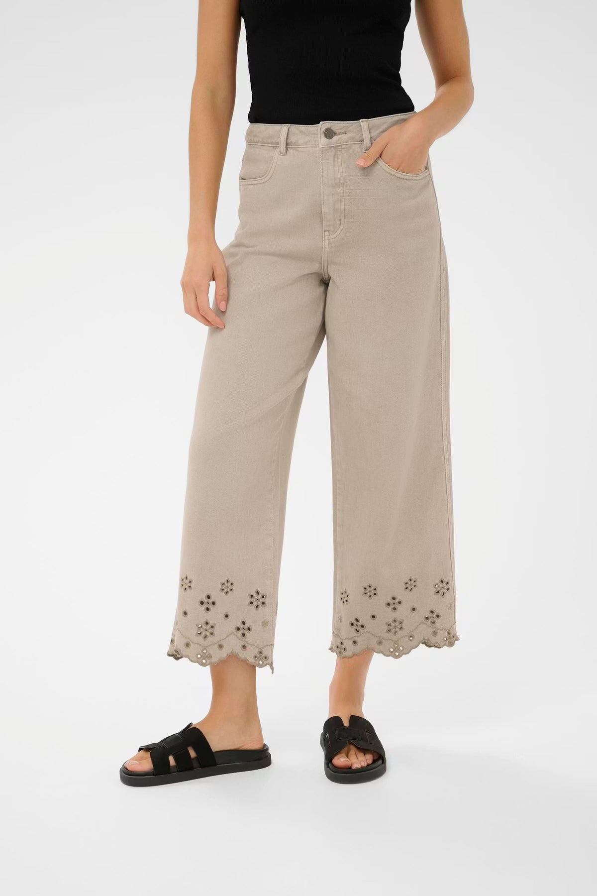 KAFFE Kamimi Feather Beige Broderie Anglaise Cropped Wide Leg Jeans
