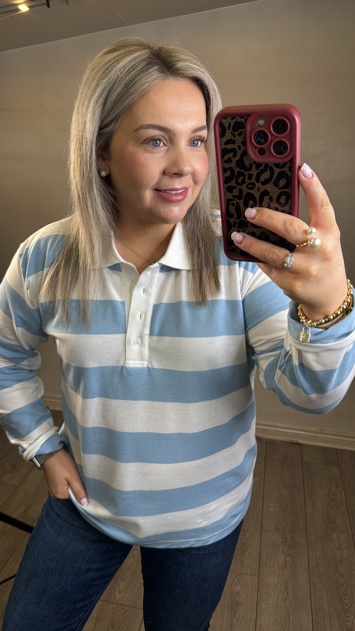 KAFFE Kamiala Powder Blue/Chalk Long Sleeve Polo Top