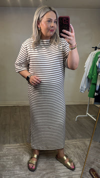 Soaked in Luxury Ingina White/Cappucino Striped Midi T-Shirt Dress