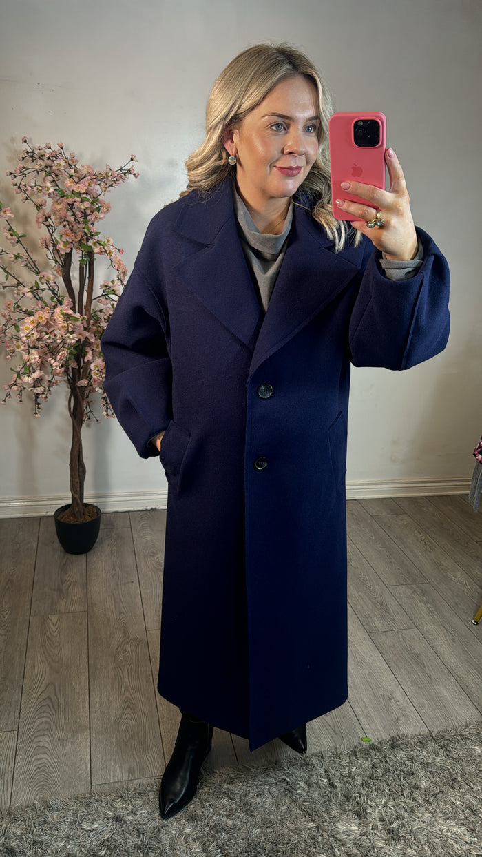 Access Fashion Navy Oversized Long Coat with Sleeve Detailing, 44-9013