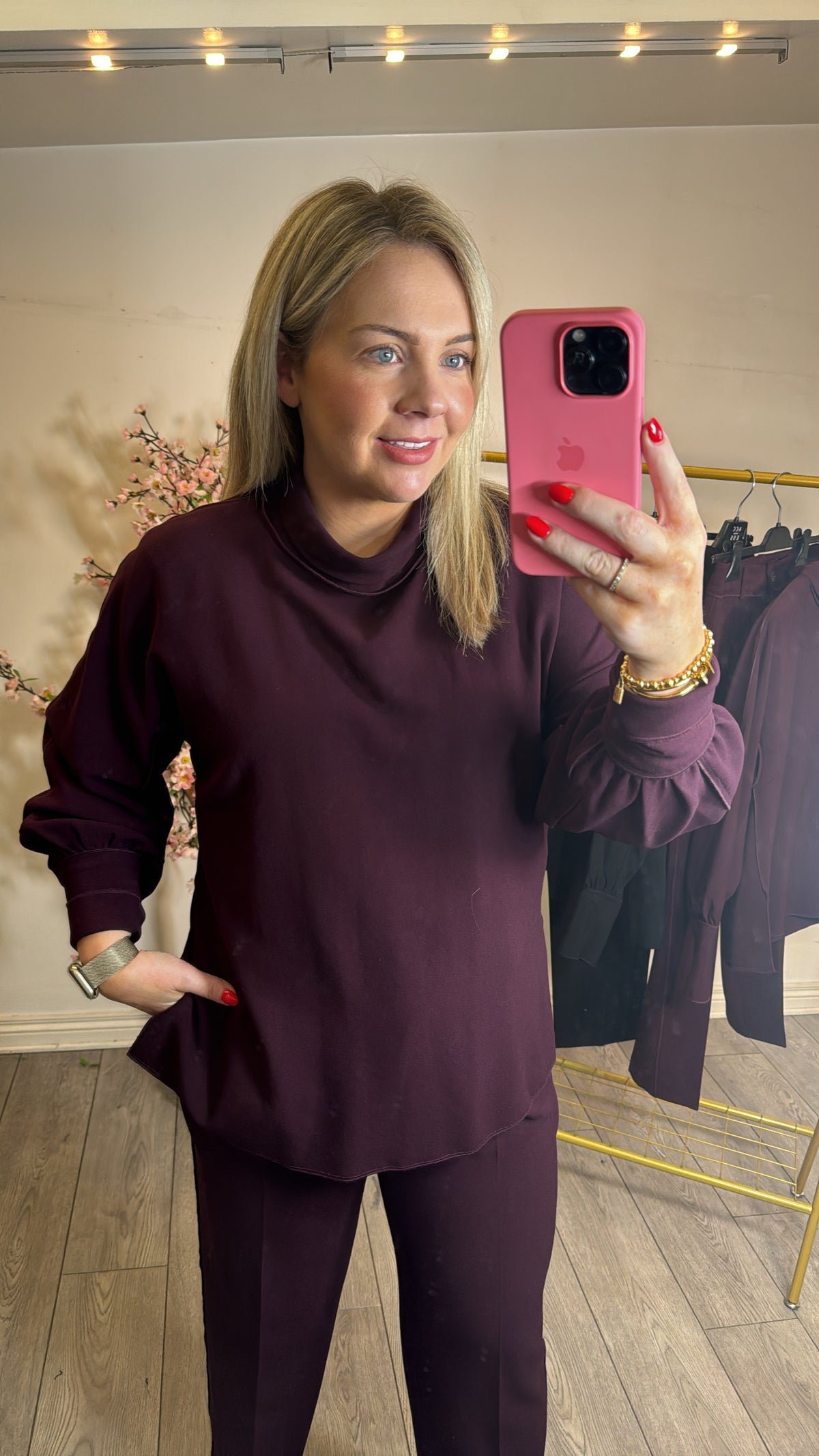 Access Fashion Burgundy Plum High Neck Blouse with Slit Detailing