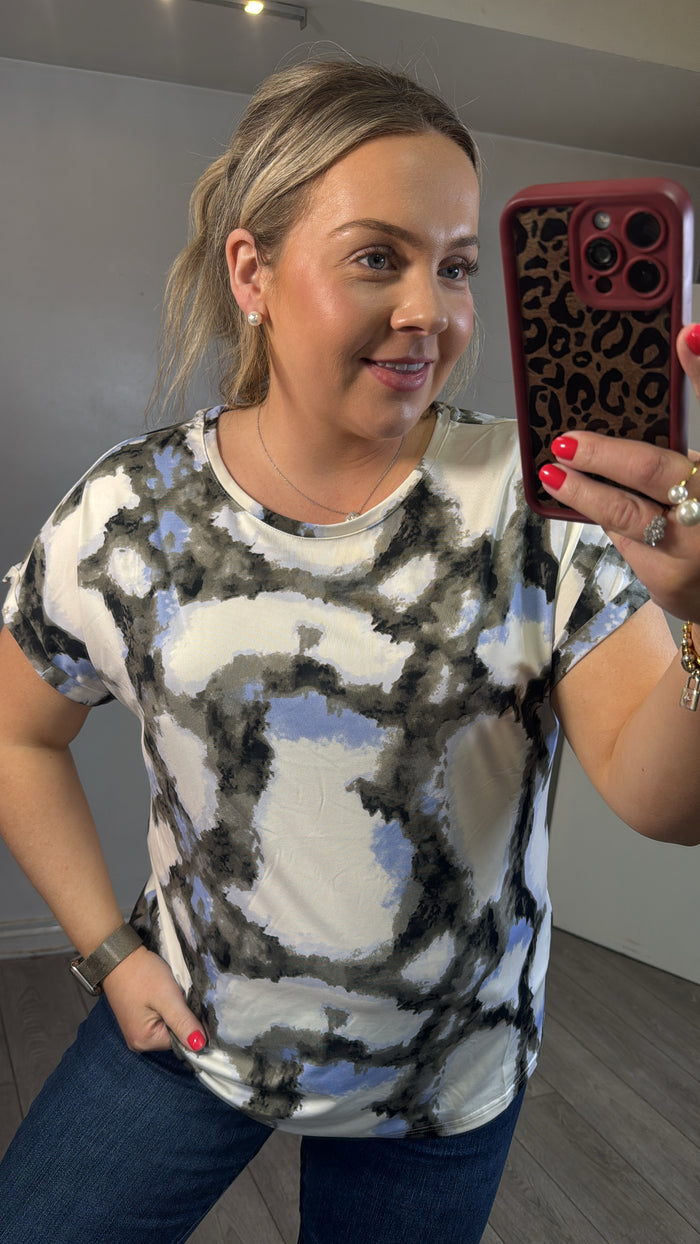 Fransa FrSeen Marble Hydrangea Blue Printed T-Shirt