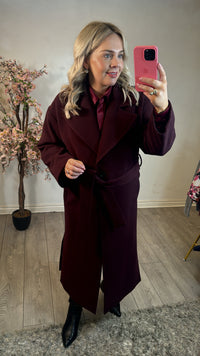 Access Fashion Bordeaux Long Coat with Tie Belt, 44-9026