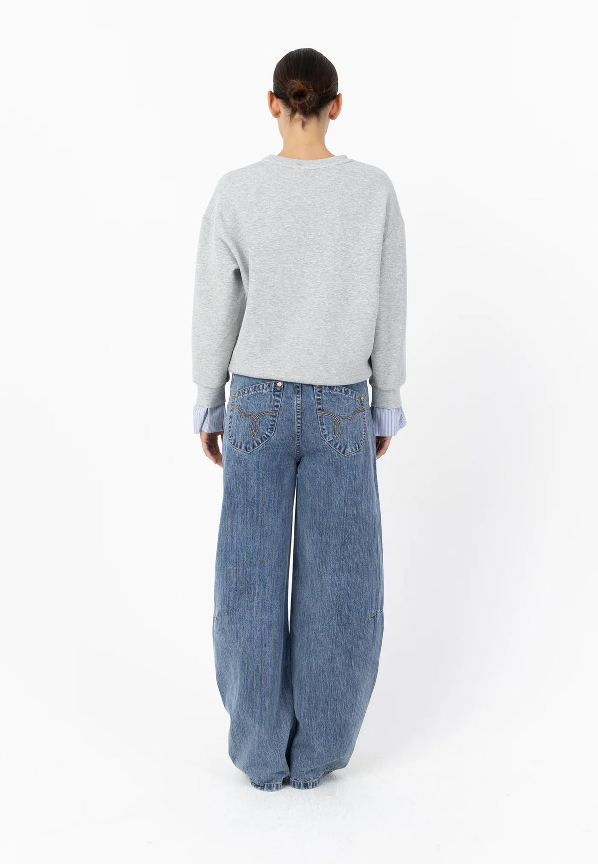 Coster Copenhagen Grey Melange Modal Sweatshirt with Striped Detachable Cuffs