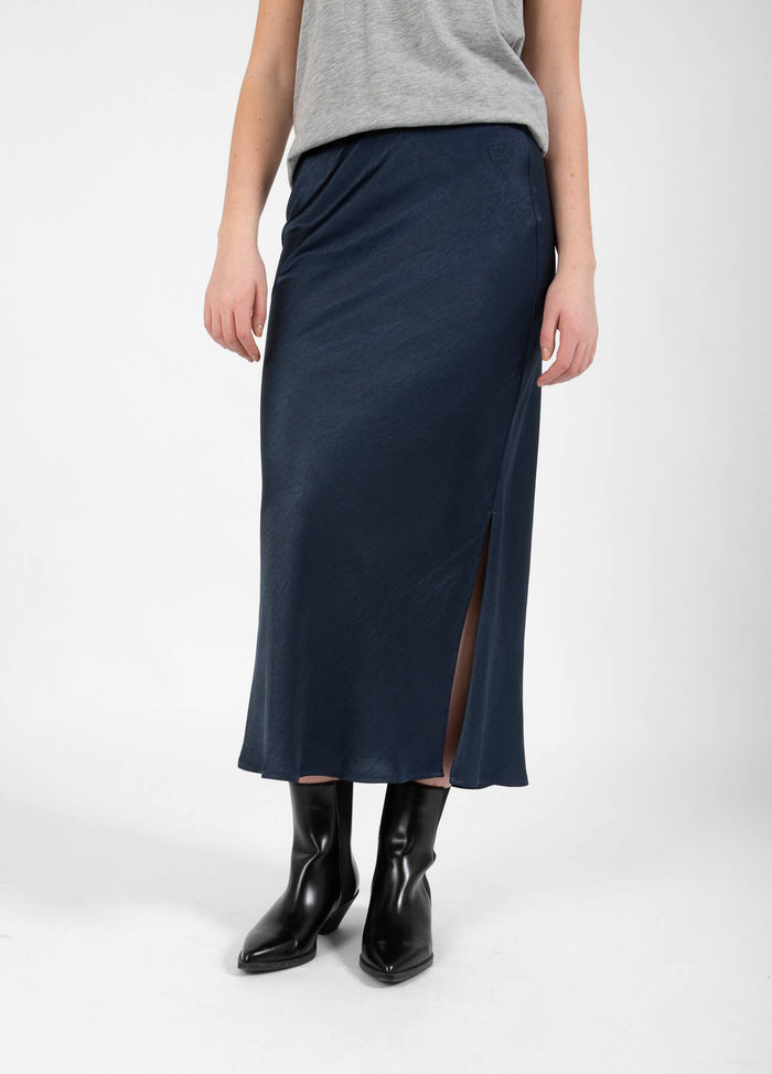 Coster Copenhagen Navy Skyler Satin Midi Skirt, CCH4510