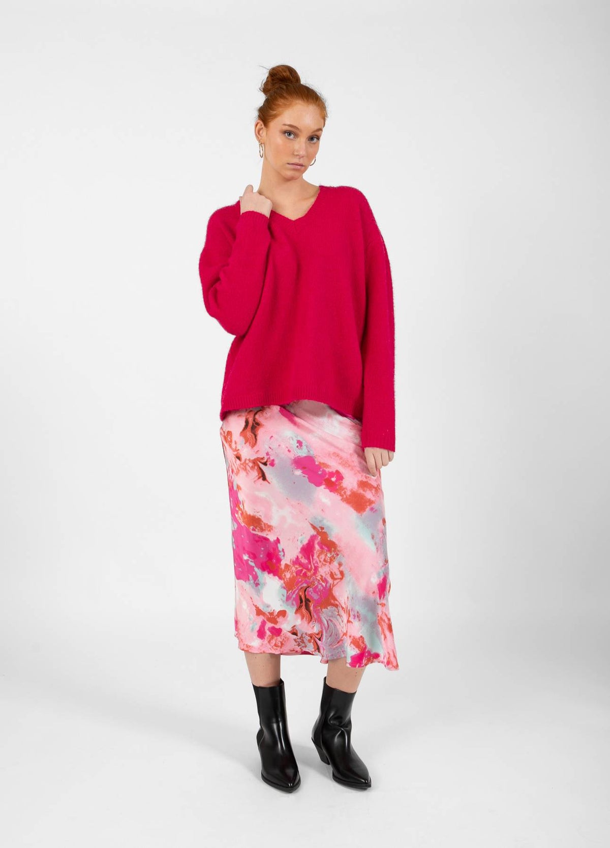 Coster Copenhagen Red/Pink Abstract Printed Skyler Satin Midi Skirt, CCH4511