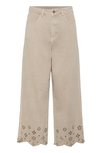 KAFFE Kamimi Feather Beige Broderie Anglaise Cropped Wide Leg Jeans