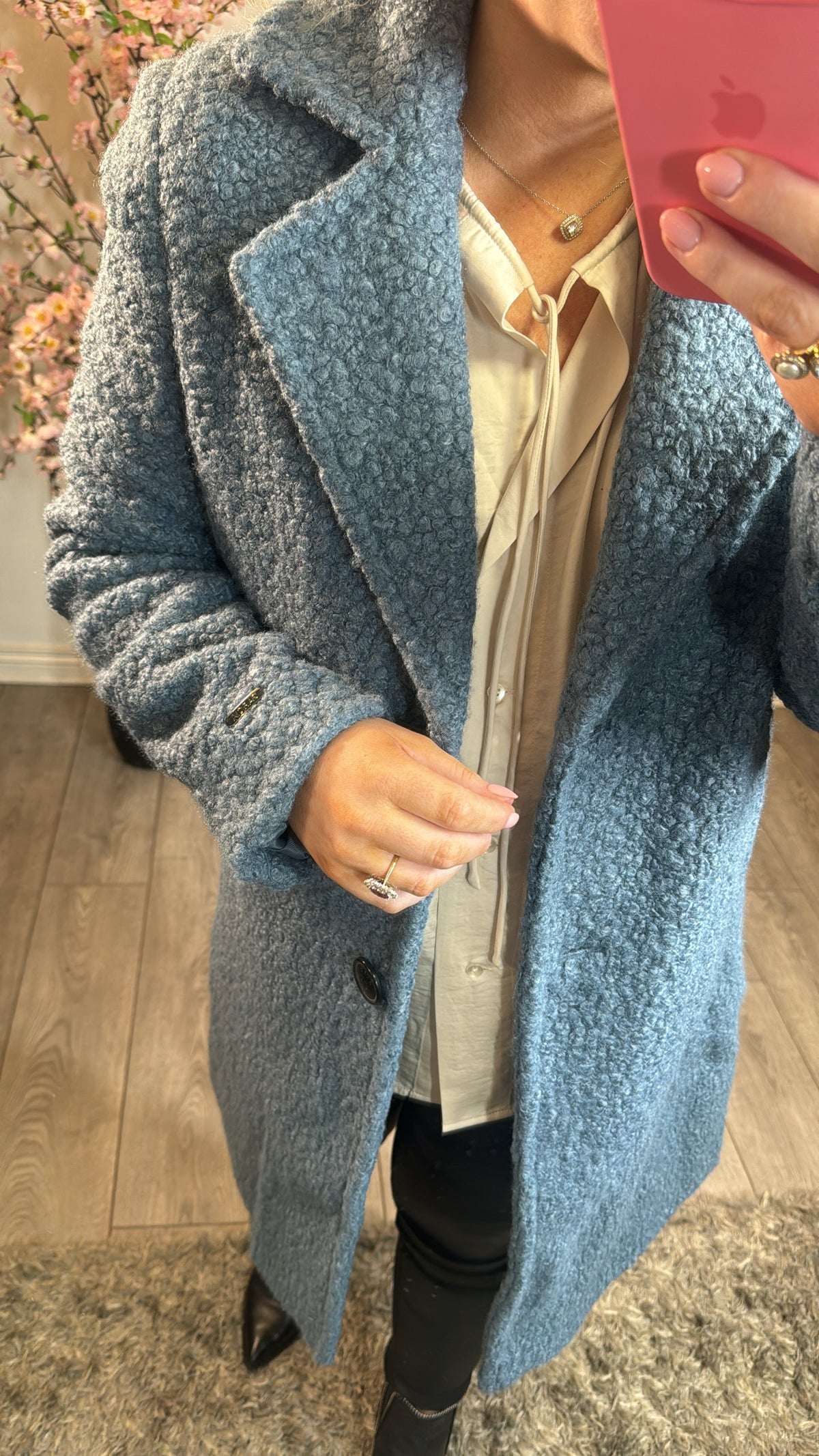 Garcia Slate Blue Boucle Single Breasted Knee Length Coat