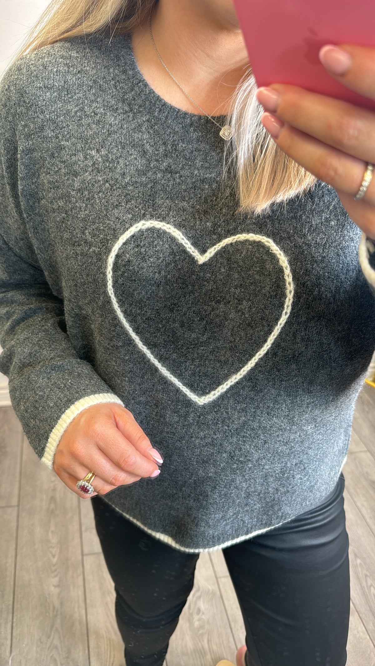 Grace & Mila Grey Oversized Embroidered Heart Knit